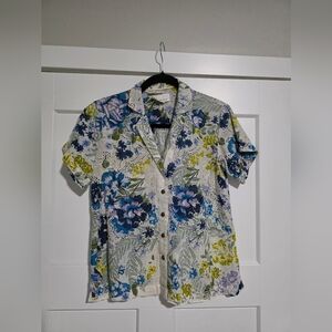Anthropologie Floral Button-Down Shirt - Blue, Green, Yellow